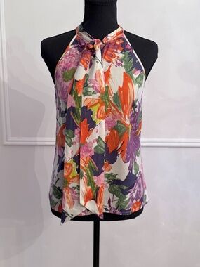 J.Crew 100% Silk Halter Blouse 00 Floral Tie Neck Keyhole Sleeveless Top EUC